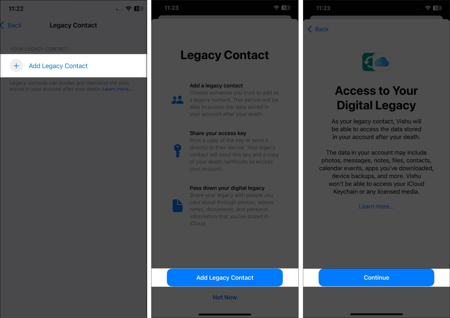 Add Legacy Contact button in the iPhone Settings app to set up a Legacy Contact