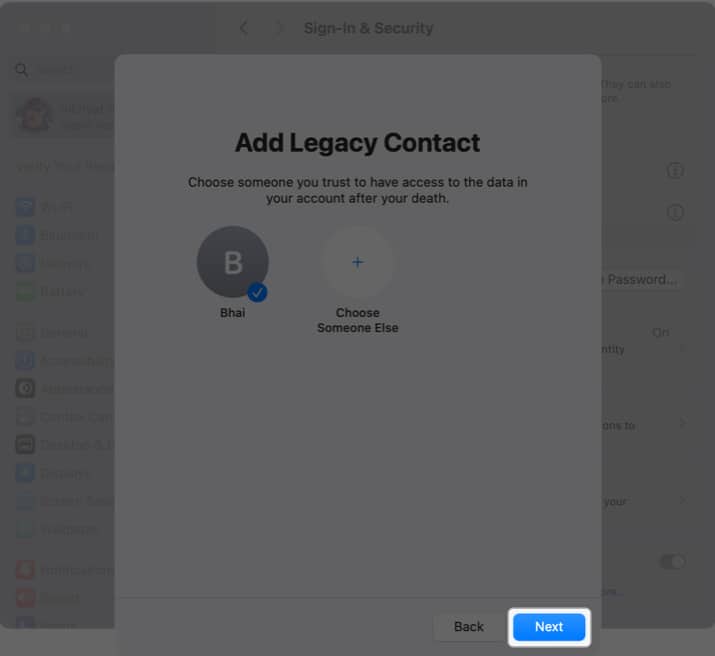 Add Legacy Contact page showing the recently added Legacy Contact on a Mac
