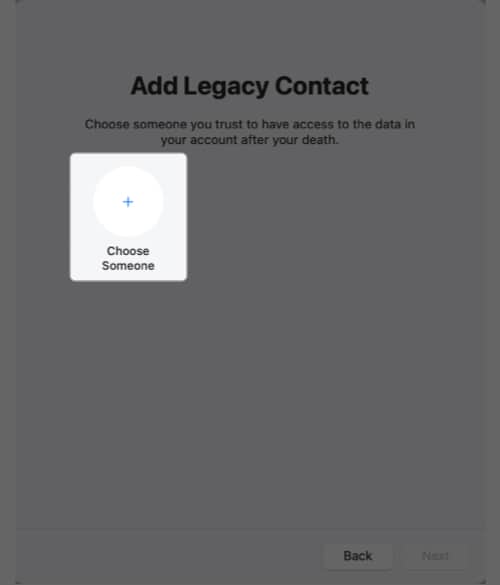 Choose Someone button in Mac System Settings for choosing a Legacy Contact