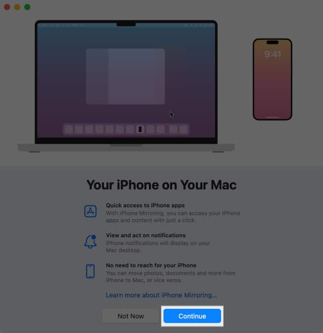Clicking Continue to get started with iPhone Mirroring