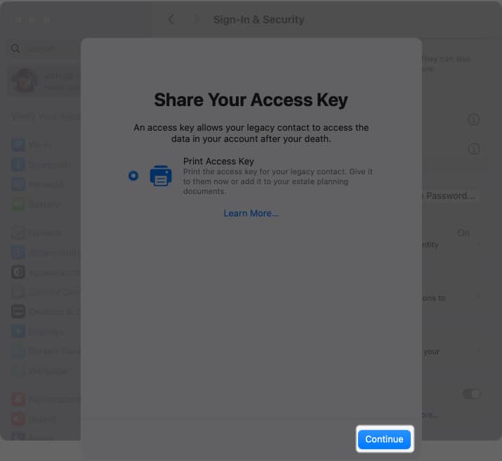 Continuing to share Legacy Contact access key on a Mac