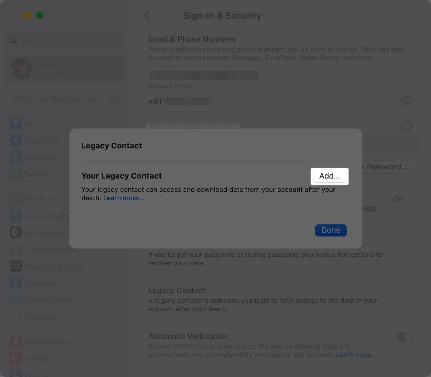 Add button in Mac System Settings to add a Legacy Contact