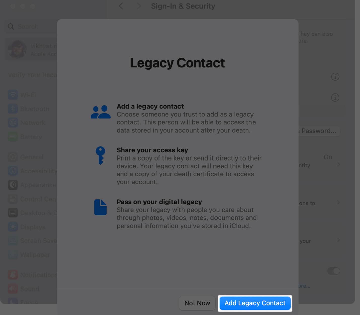 Prompt briefing about the Legacy Contact feature on a Mac