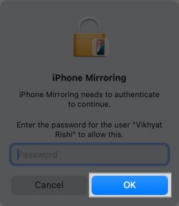 Entering Mac password to start mirroring an iPhone on a Mac