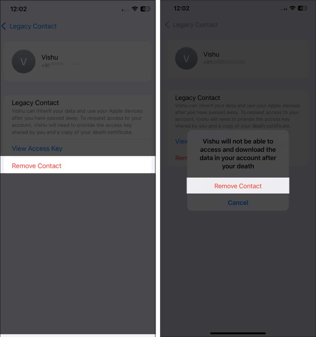 Remove Contact option to remove a Legacy Contact on an iPhone