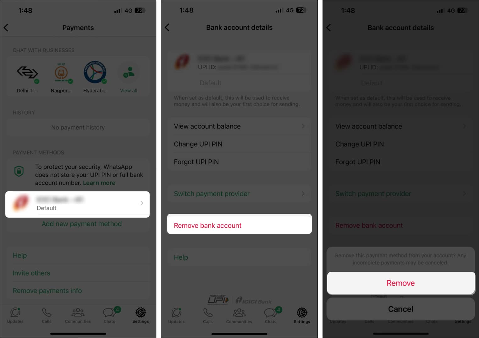 Removing a bank account from WhatsApp Payments on iPhone.