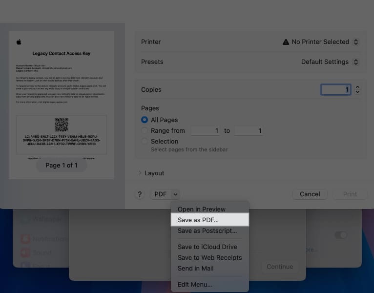 Save as PDF option to save Legacy Contact access key on a Mac