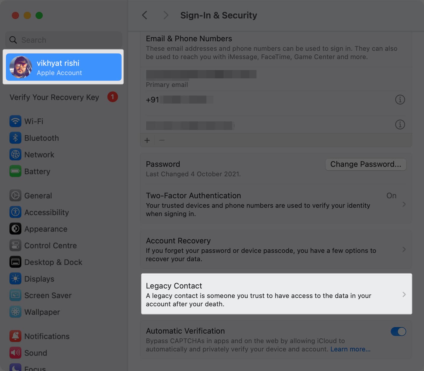 Legacy Contact option in the System Settings app on a Mac