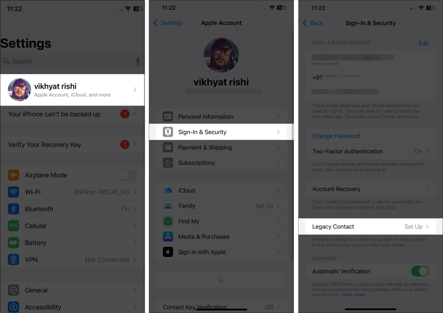 Navigating to the Legacy Contact settings in the iPhone Settings app
