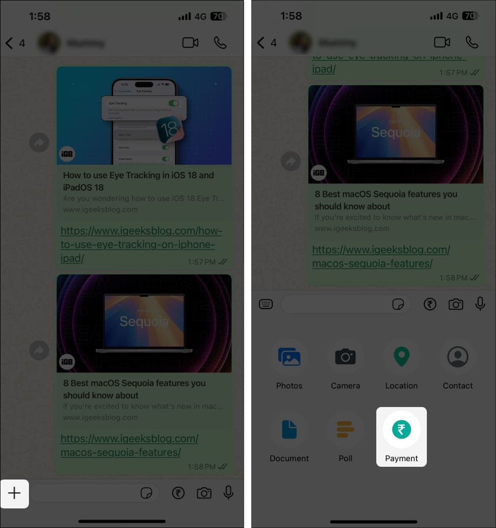 Selecting the Payment option in a WhatsApp chat on iPhone.