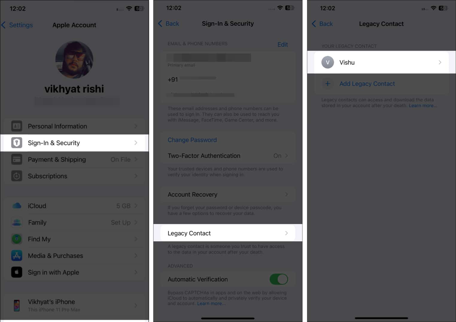 Accessing the Legacy Contact list in the iPhone Settings app