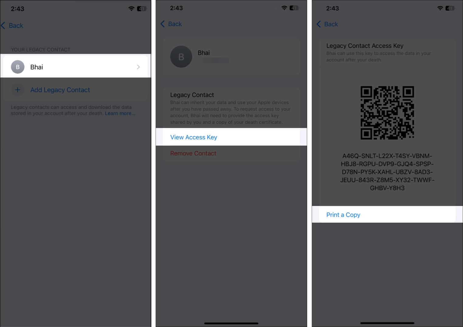 Viewing and accessing Legacy Contact access key inside iPhone Settings app