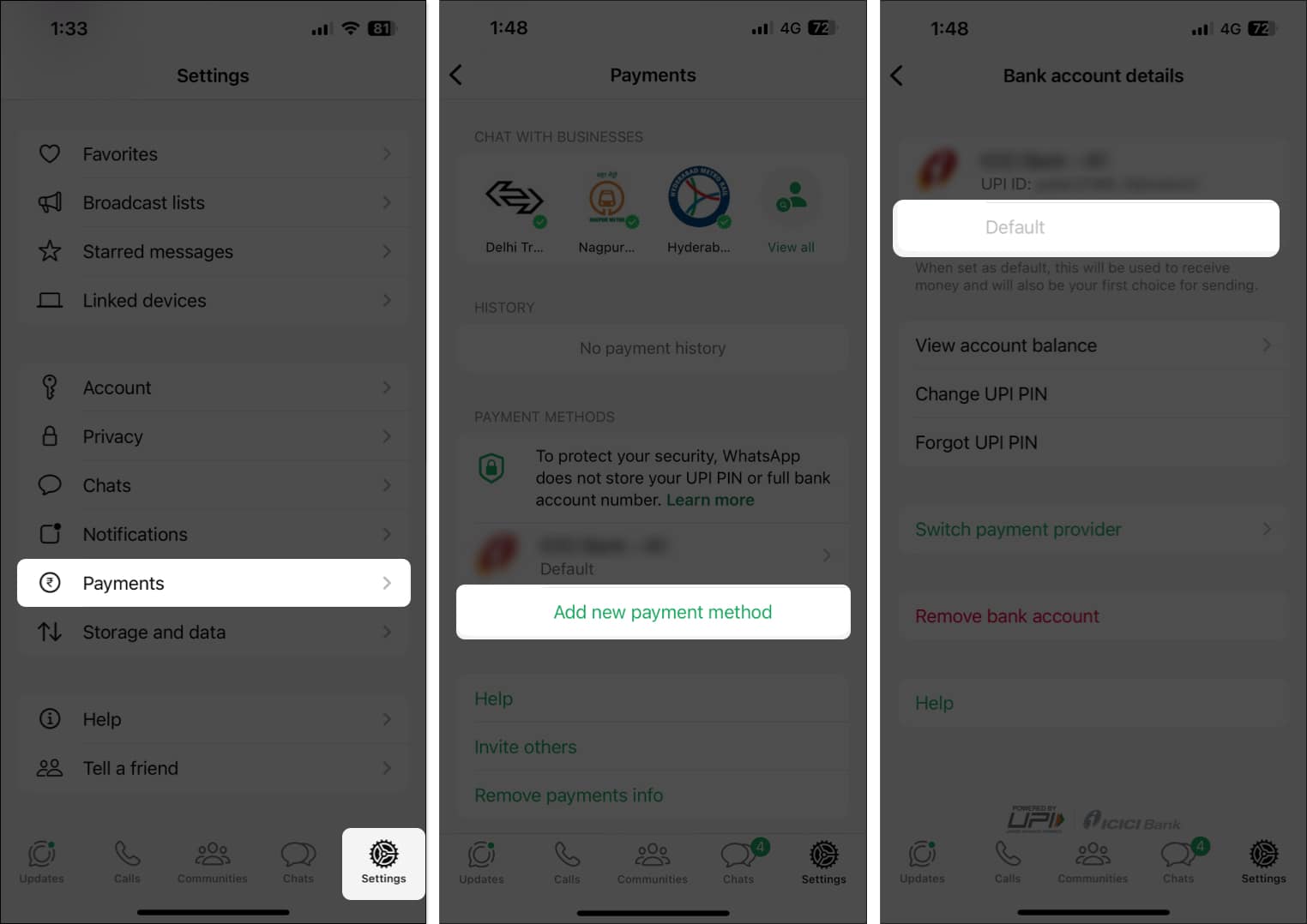 Setting a primary account in WhatsApp Payments on iPhone.