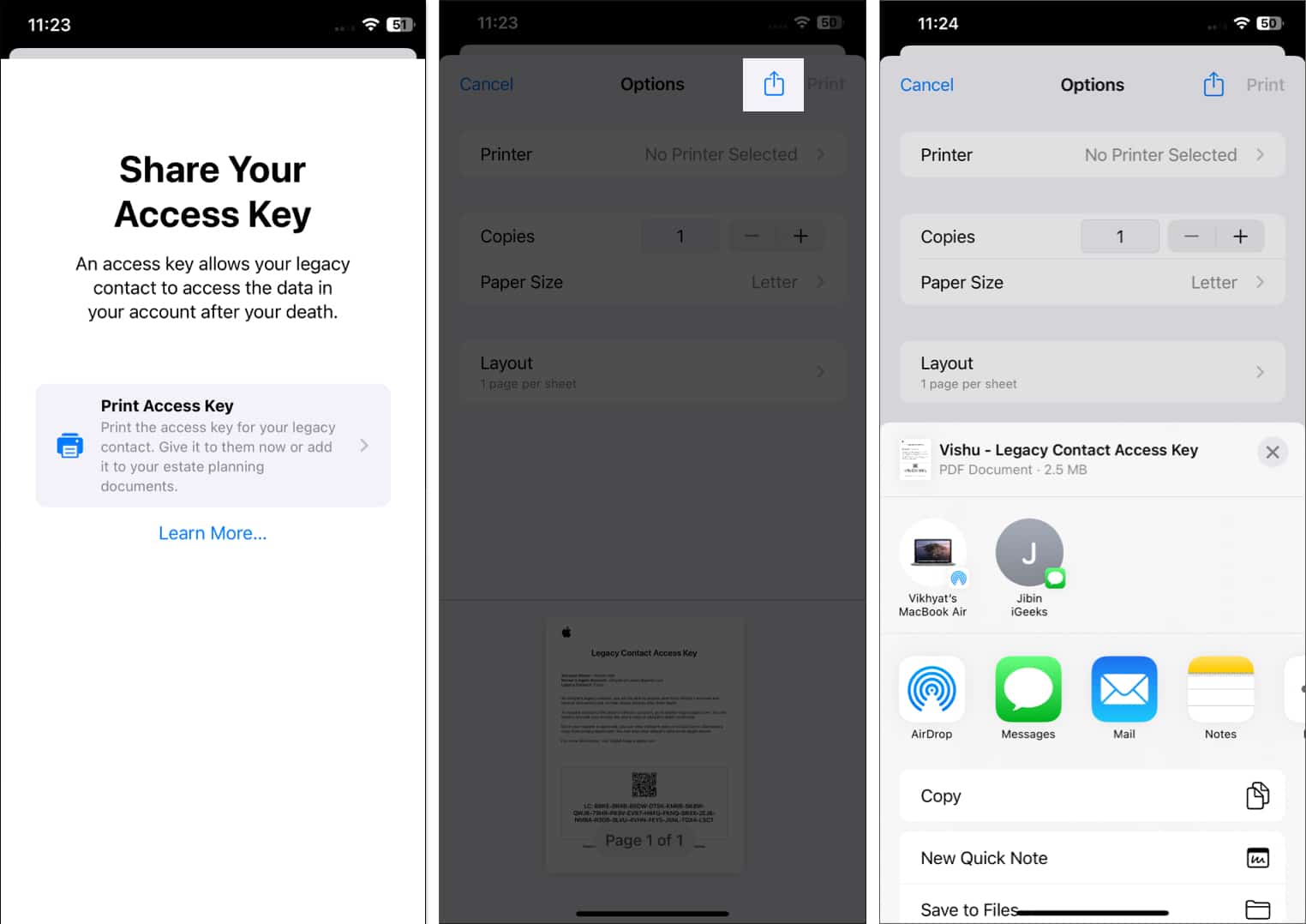 iOS Share Sheet with the options to save or share the Legacy Contact access key on an iPhone
