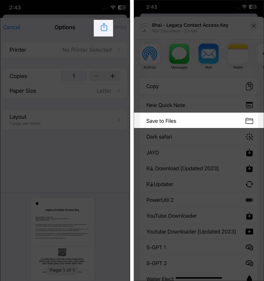 iOS Share Sheet with the options to save and share Legacy Contact access key on an iPhone