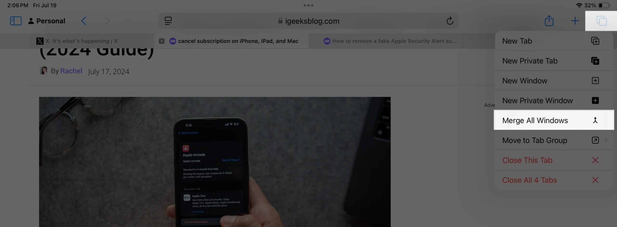 Merge All Windows option in the tab button context menu in Safari on an iPad