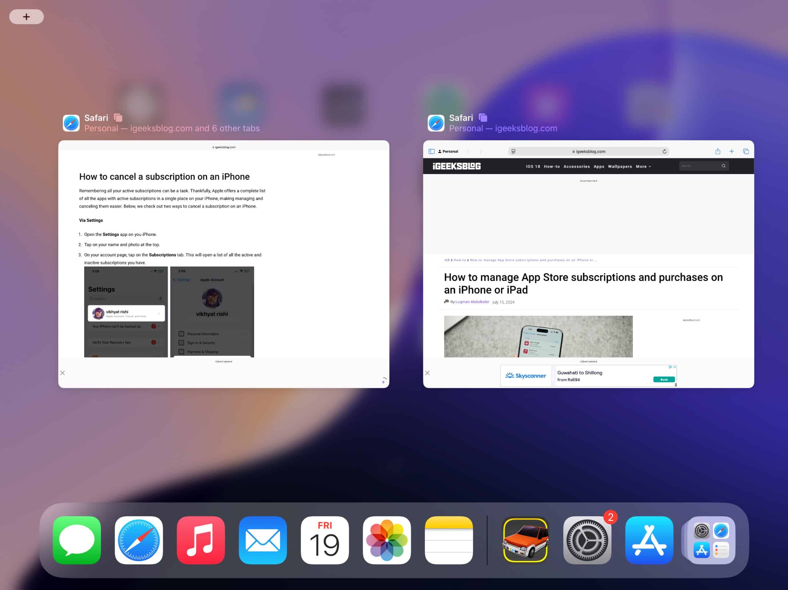 A shelf showing all the opened Safari windows and tabs on an iPad