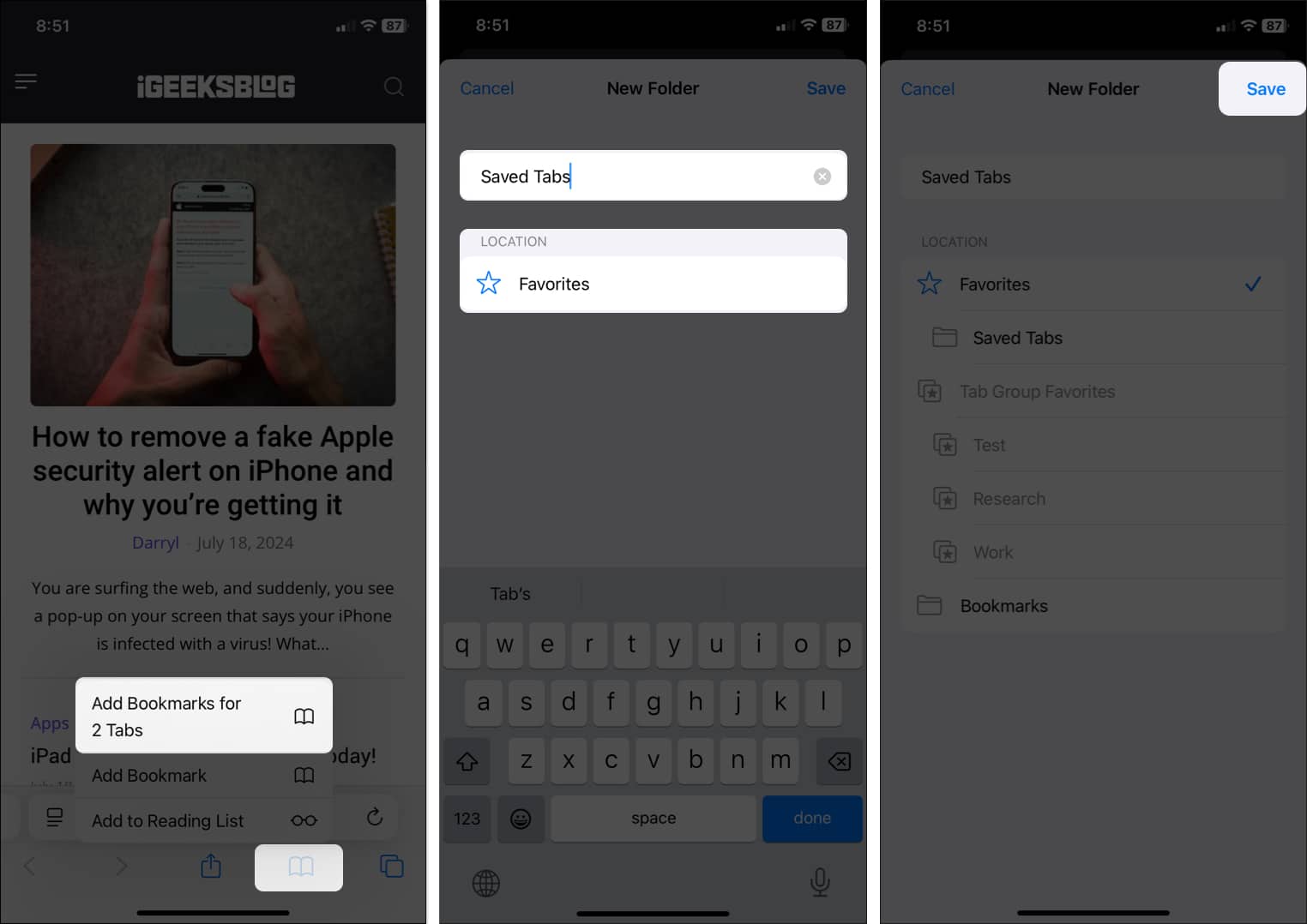 Bookmark screen in Safari on an iPhone