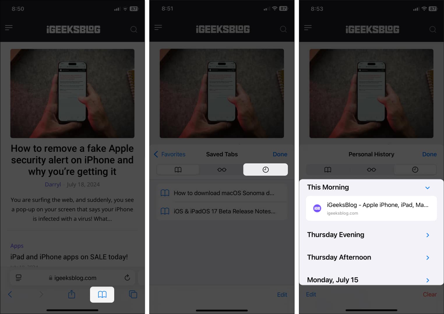 History tab showing past browsing history in Safari on an iPhone