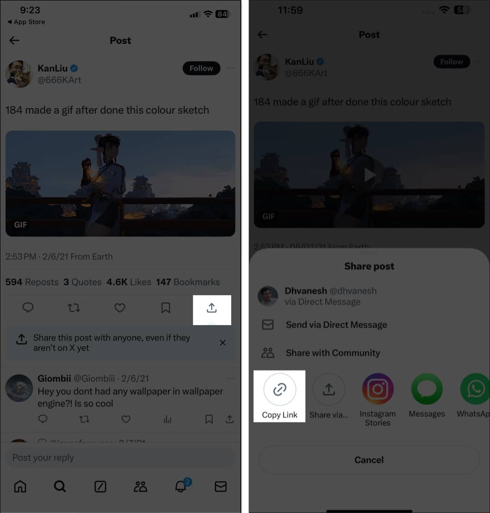 Copy link option in the share button menu on twitter