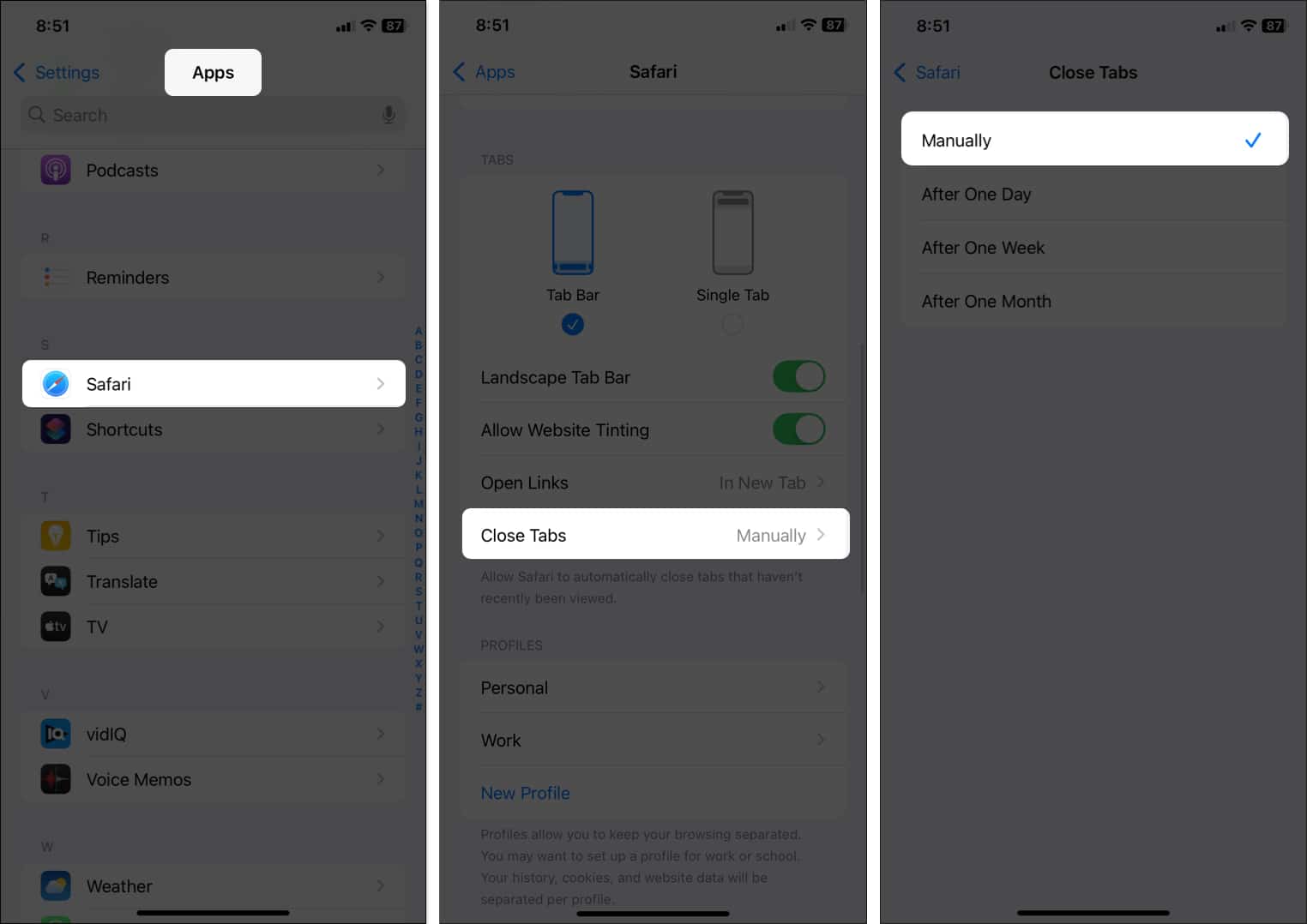 Close Tabs option in Safari Settings on an iPhone to disable the auto close tabs feature