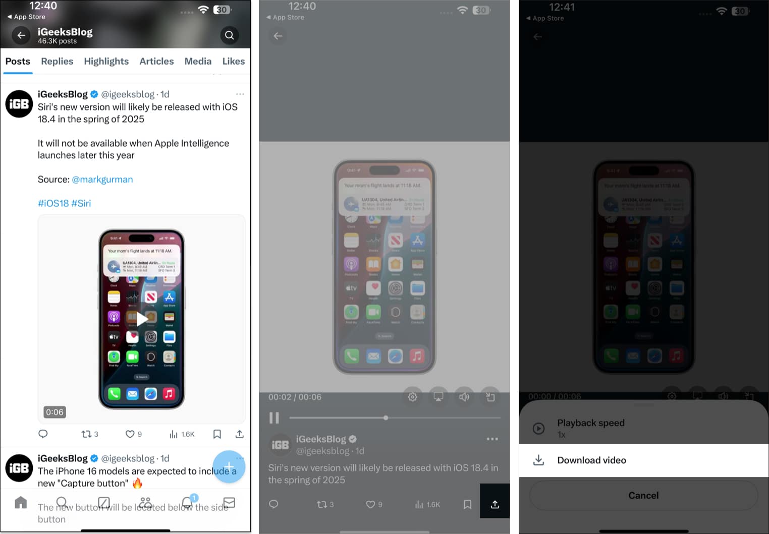Download Video option in the Twitter app on an iPhone
