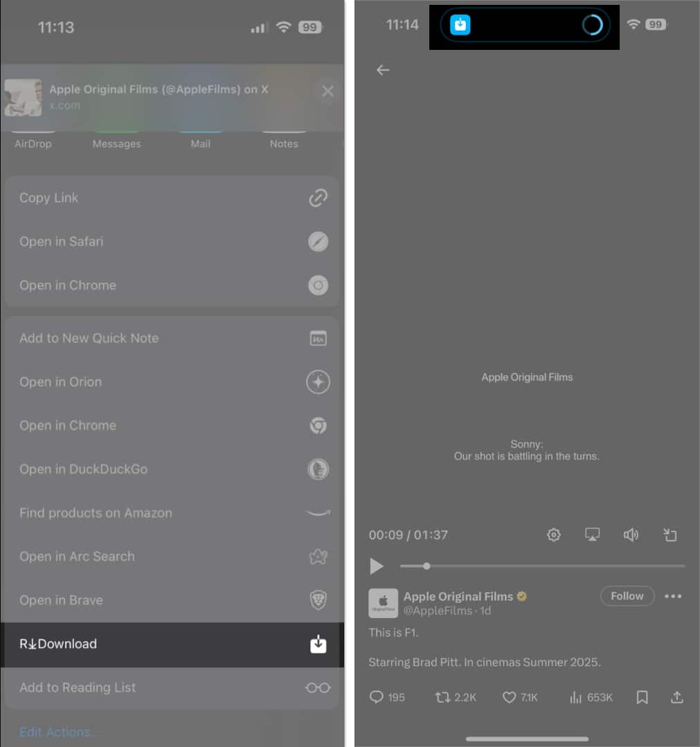 R Download button in iOS Share Sheet and Twitter video download progress in Live Activity on an iPhone