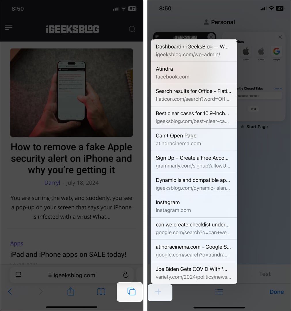 A list of all the recently closed Safari tabs on an iPhone