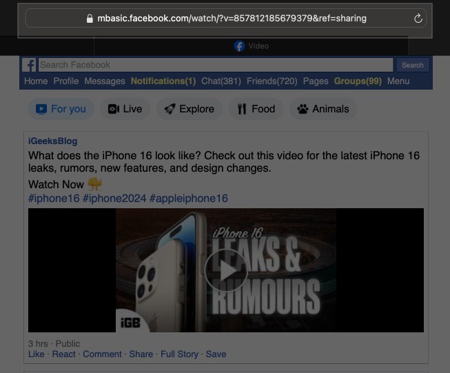 Modified URL of the Facebook video to download