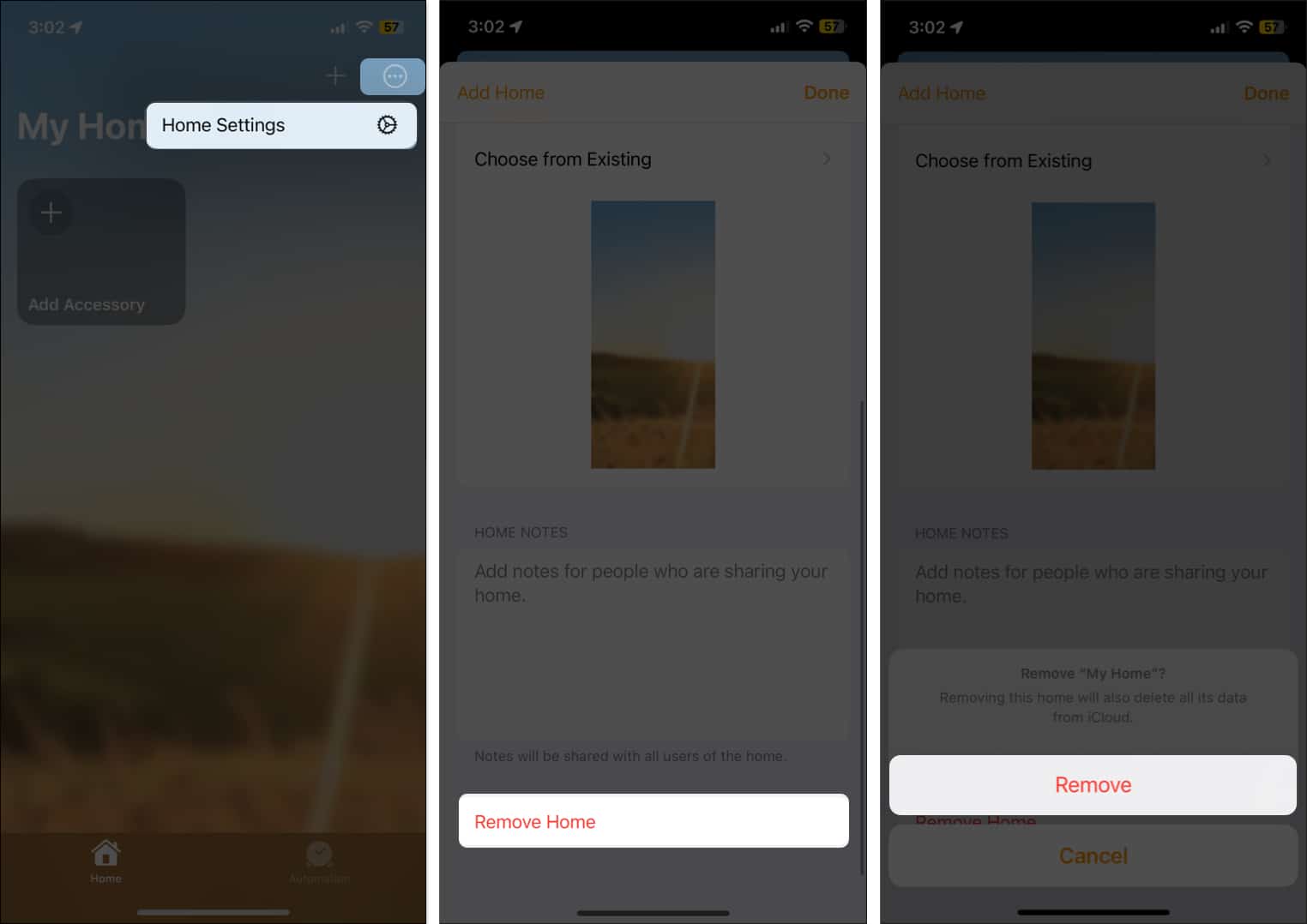 Apple home app settings and option to remove a home on an iphone