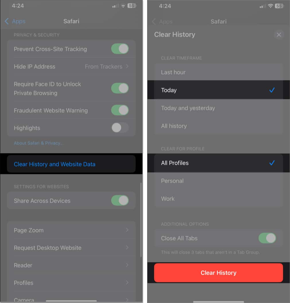 How to remove a fake Apple Security Alert scam on iPhone Clear History option in Safari settings on an iPhone