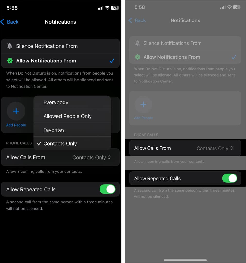Focus mode customization screen in iPhone Settings app