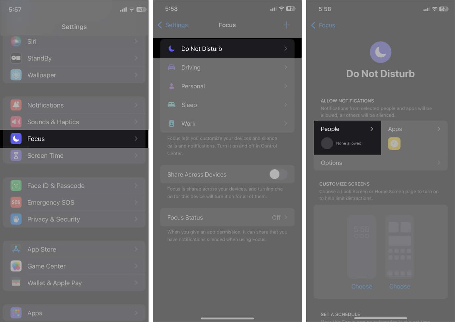 Focus mode page in iPhone Settings app