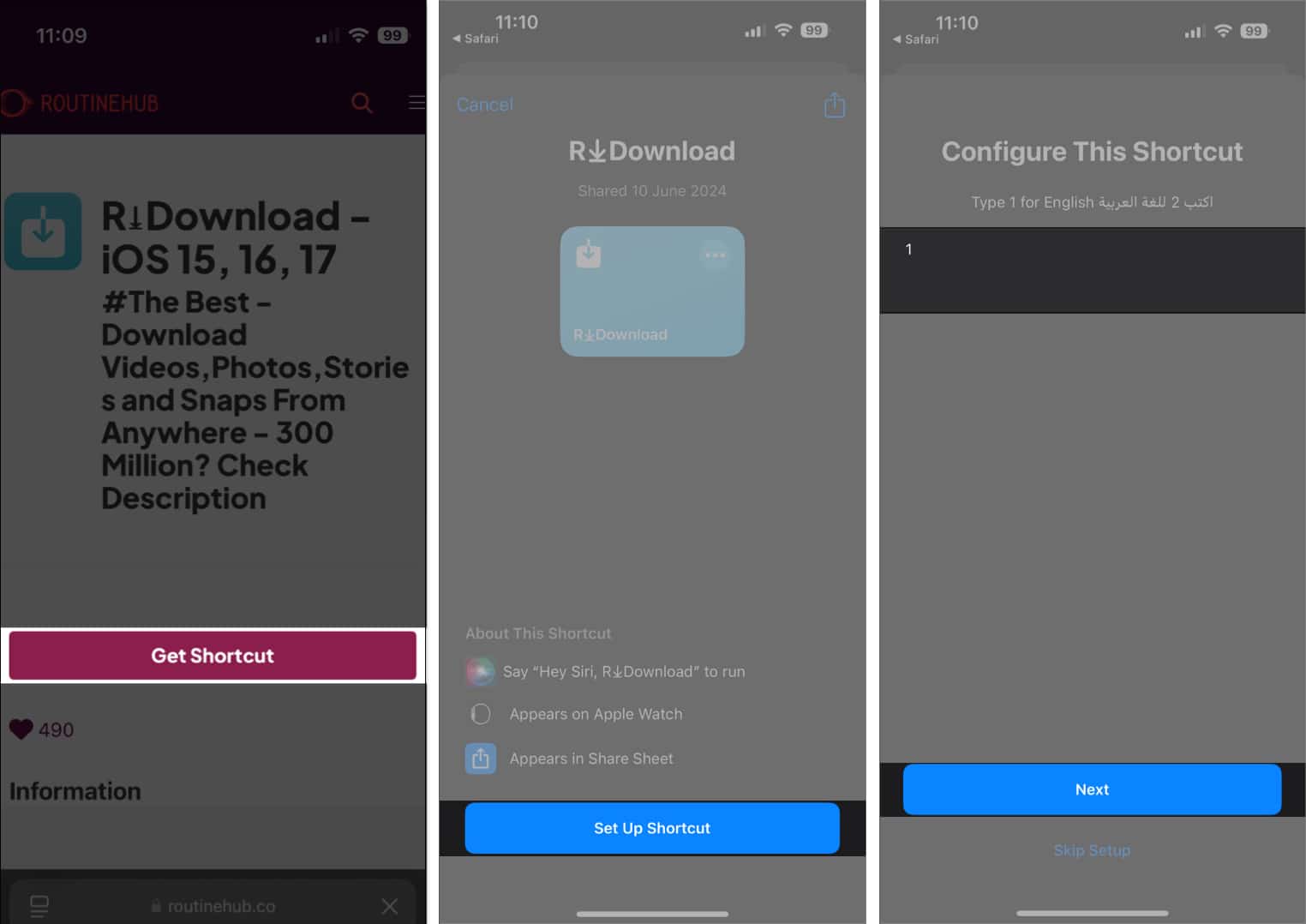 iOS shortcut set up screen on an iPhone