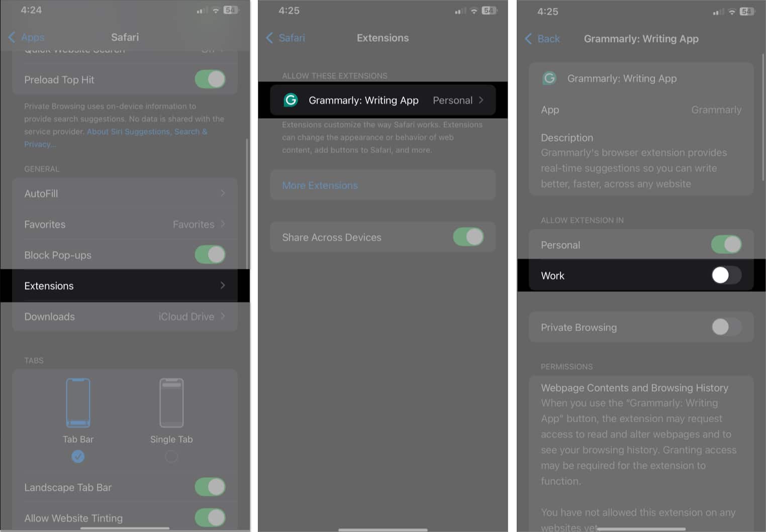 How to remove a fake Apple Security Alert scam on iPhone Safari extensions page in iPhone Settings