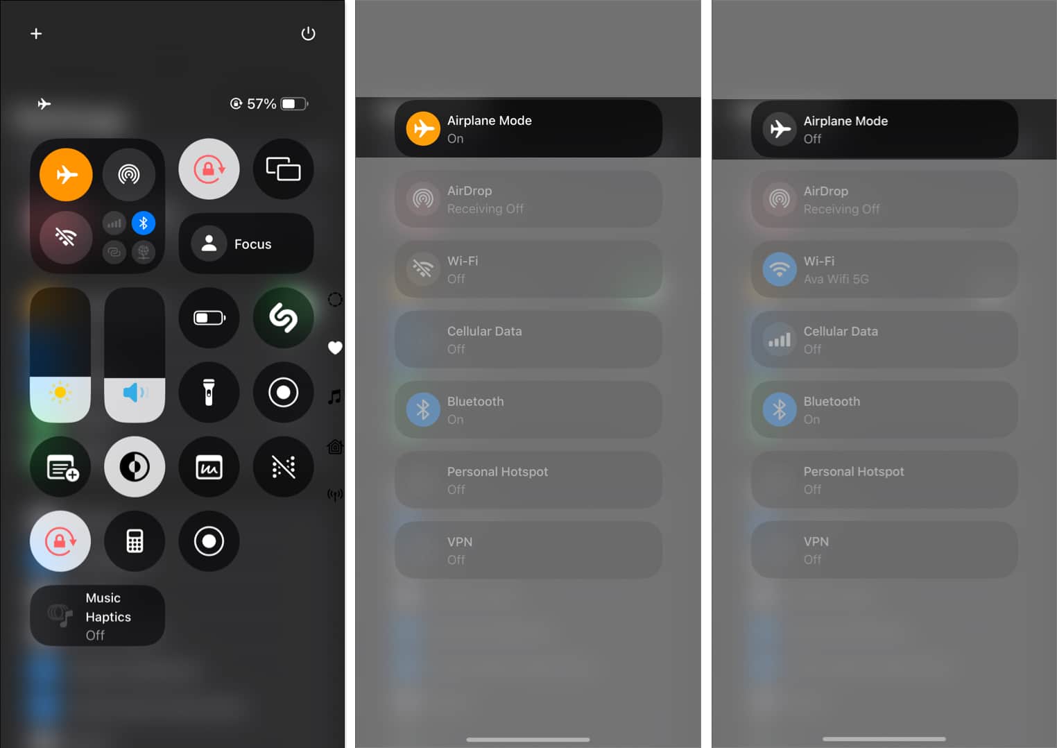Airplane Mode control in iPhone Control Center