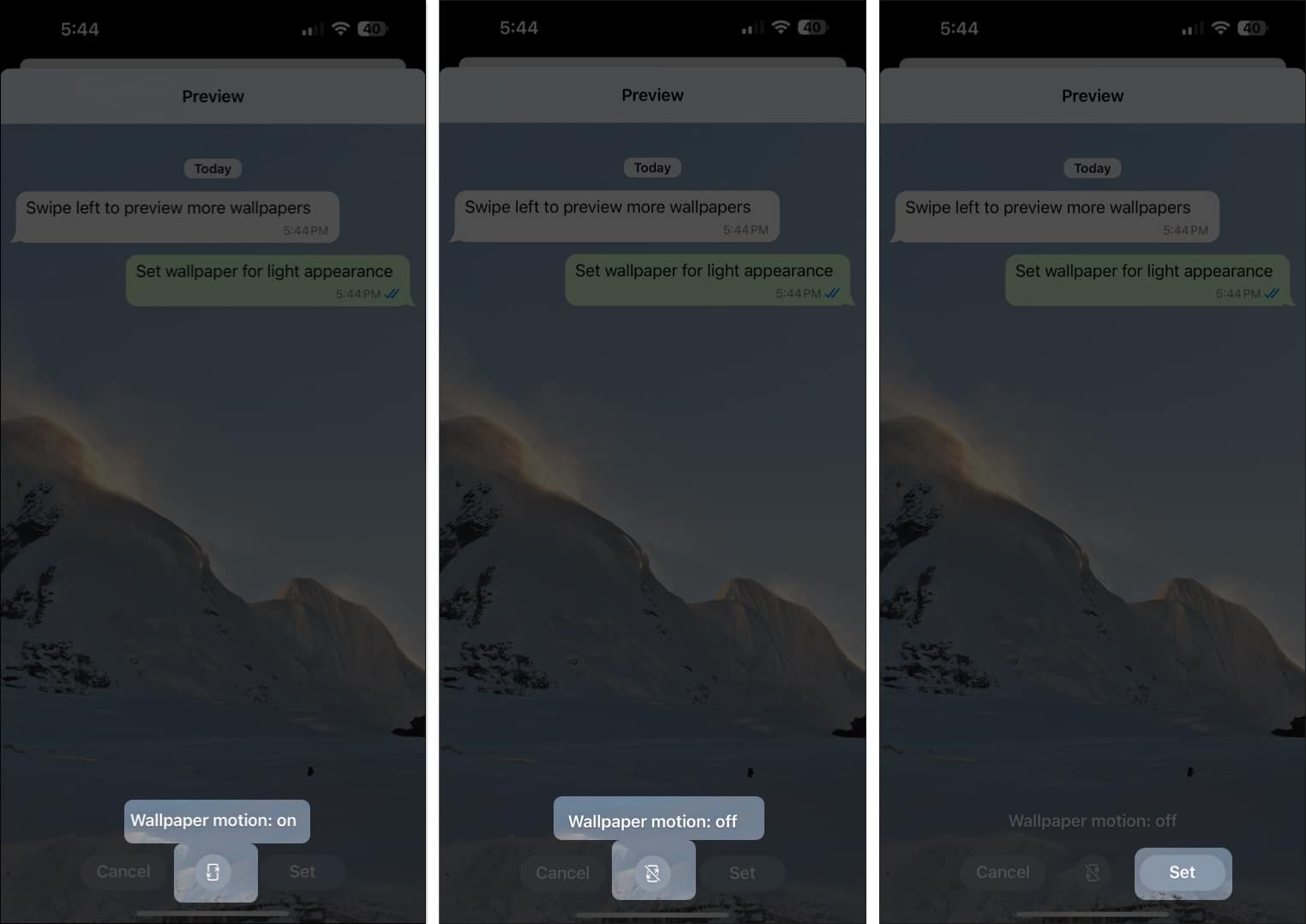 Wallpaper Motion feature preview screen for a WhatsApp wallpaper in iOS WhatsApp app.