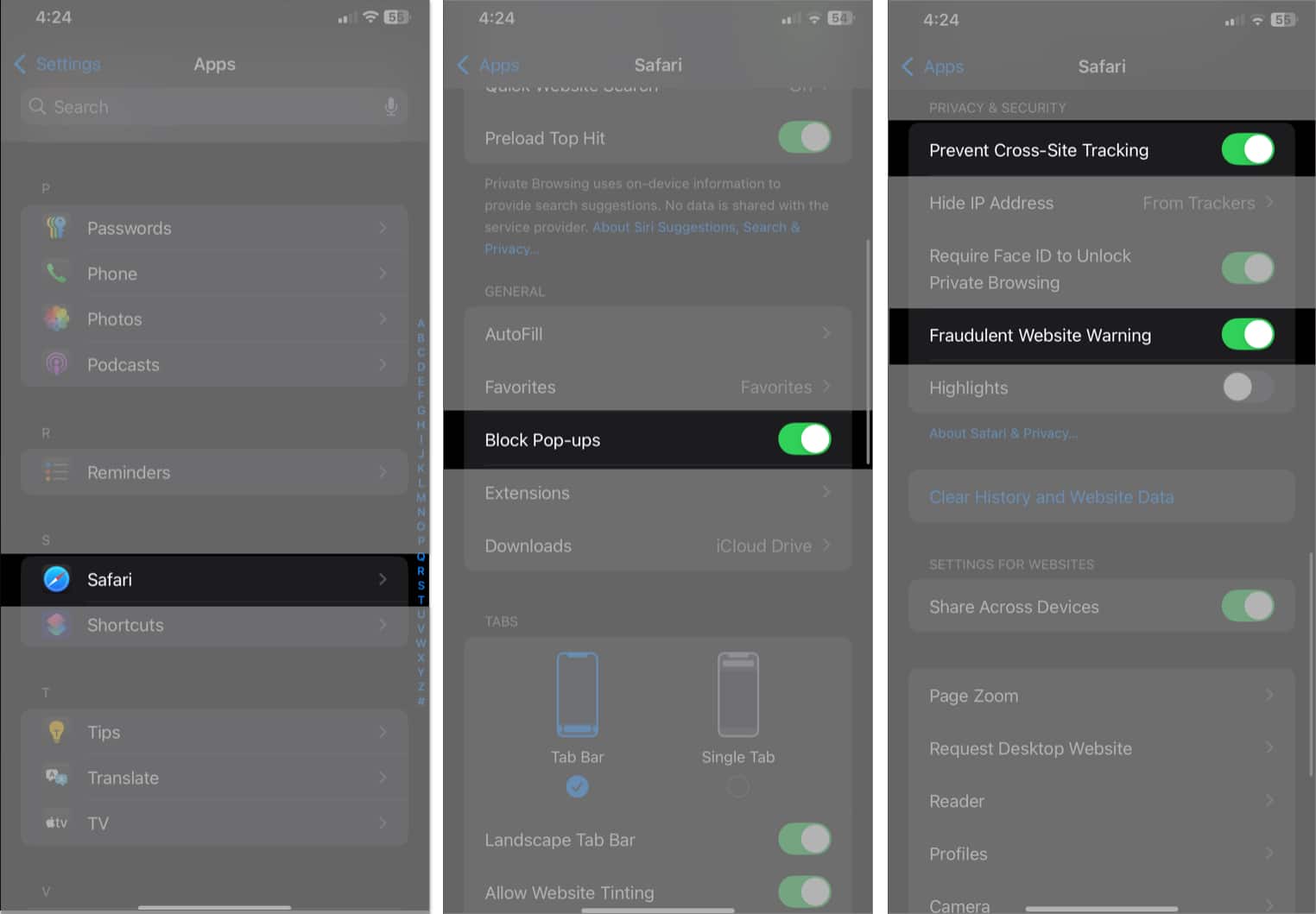 How to remove a fake Apple Security Alert scam on iPhone Safari settings for blocking browser pop ups on an iPhone