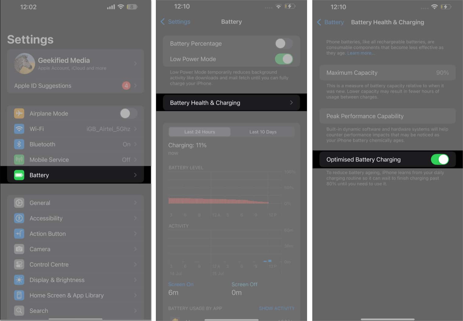 Battery Health Charging screen in iPhone Settings app