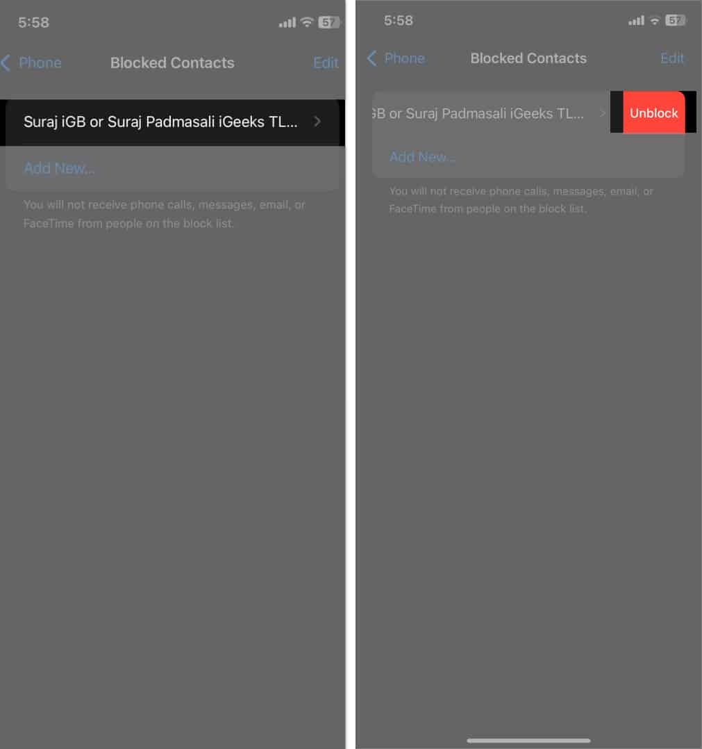 Unblock option on Blocked Contacts page in iPhone Settings app