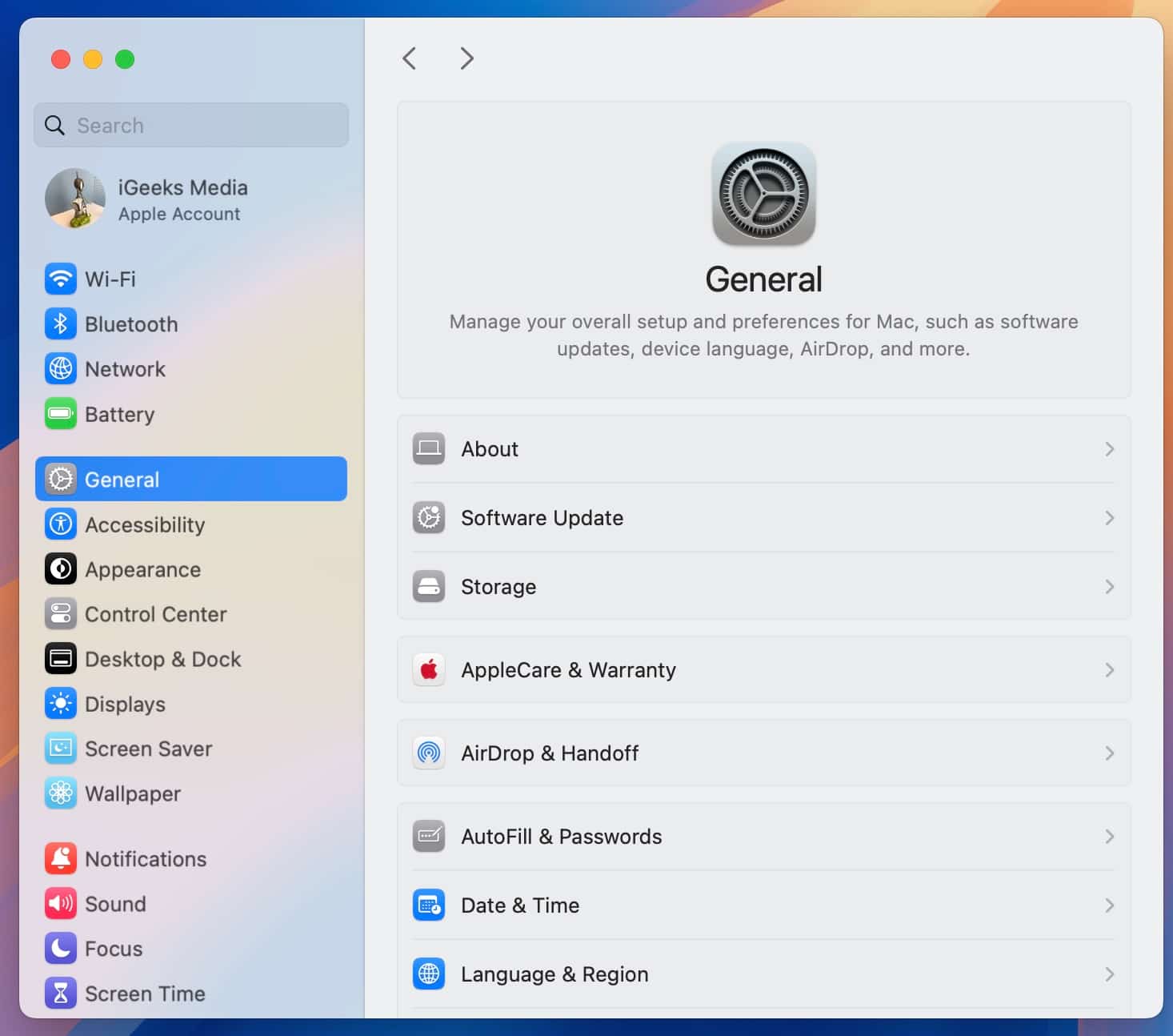 General tab in macOS System Settings apps