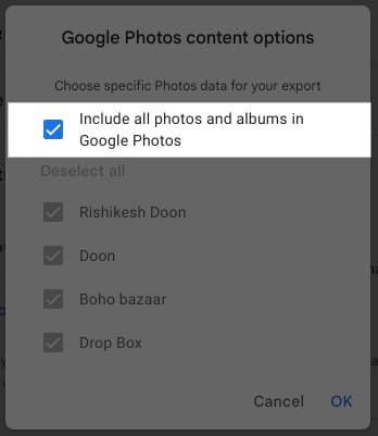 Google Takeout-da Google Foto Məzmun Seçimləri sorğusu