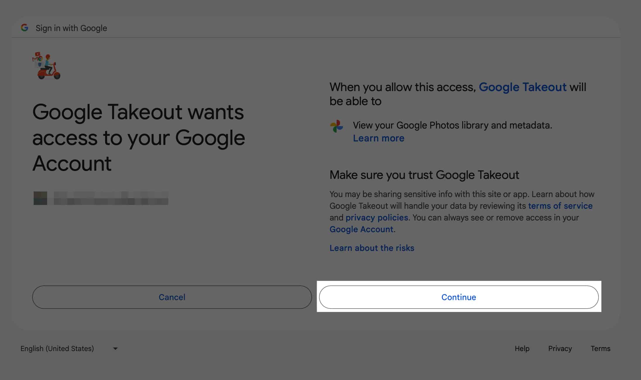 Google Takeout-a Google hesabına giriş icazəsi verilir