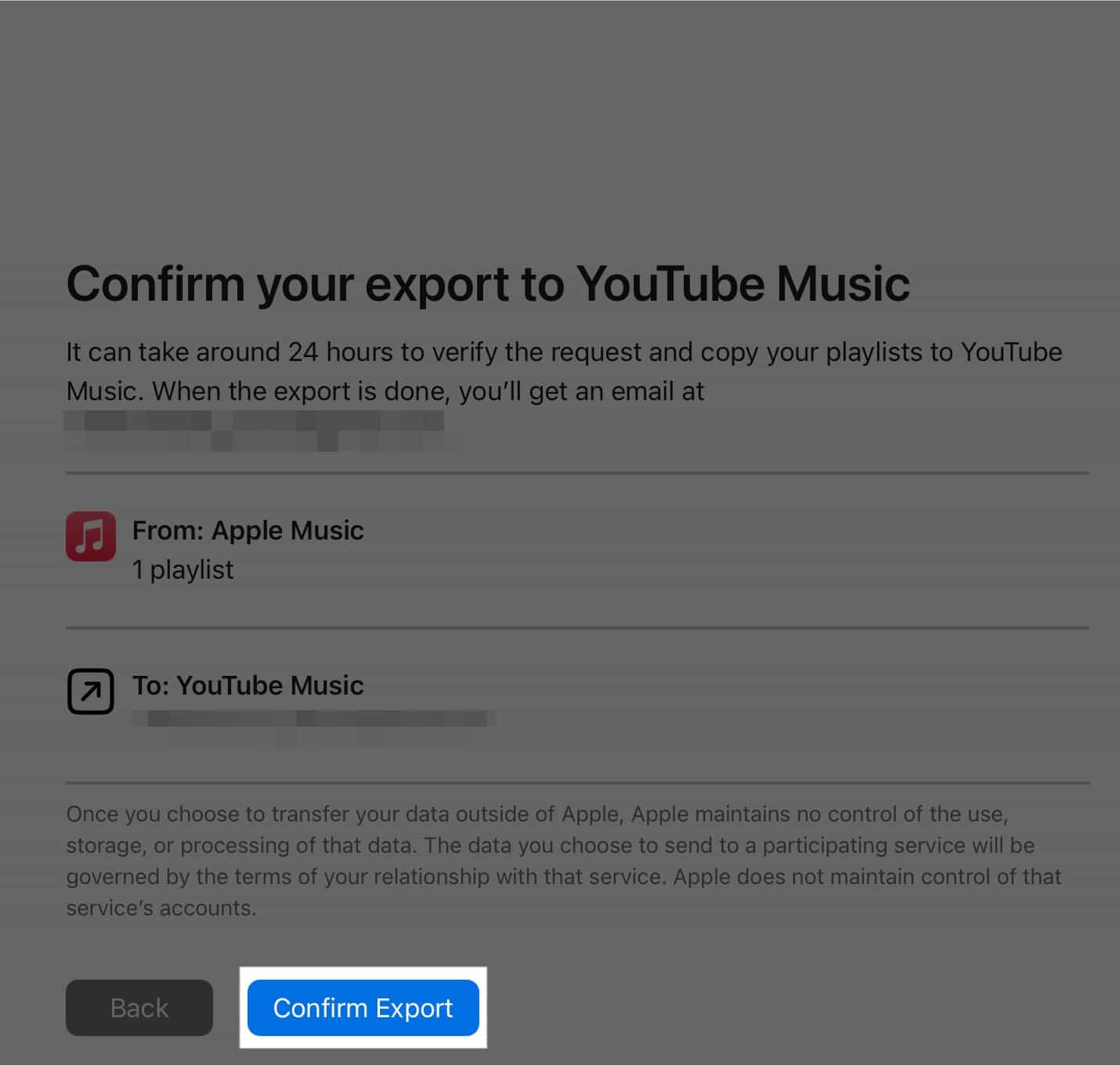 Confirming transfer of playlists from apple music to youtube music