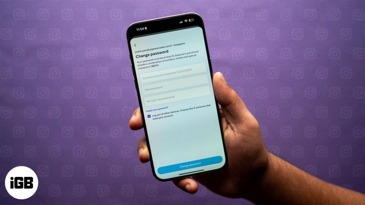 Change password screen on the ios instagram app on an iphone
