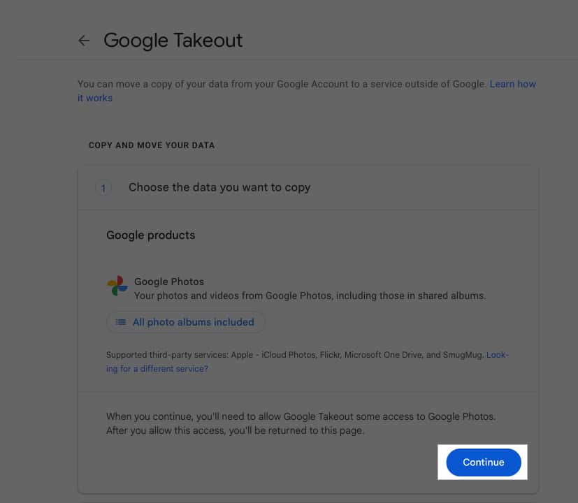 Foto və videoların ixracını təsdiqləmək üçün Google Takeout səhifəsində Davam edin düyməsini basın