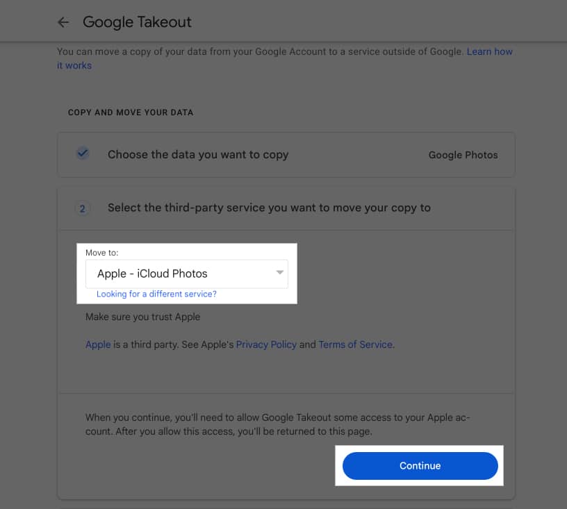 Google Takeout surətini köçürmək üçün üçüncü tərəf xidməti kimi Apple iCloud Fotoşəkillərinin seçilməsi