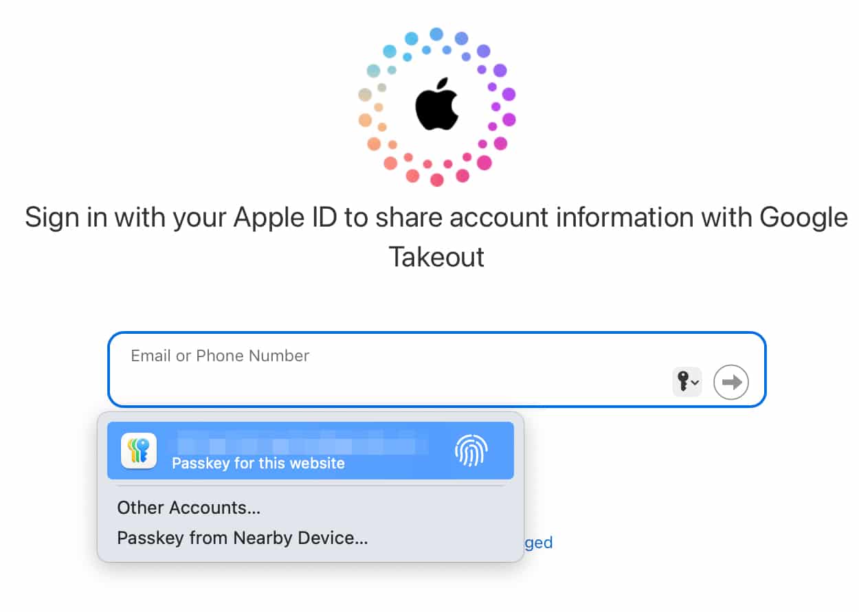 Google Takeout ilə məlumat paylaşmaq üçün Apple ID ilə daxil olun