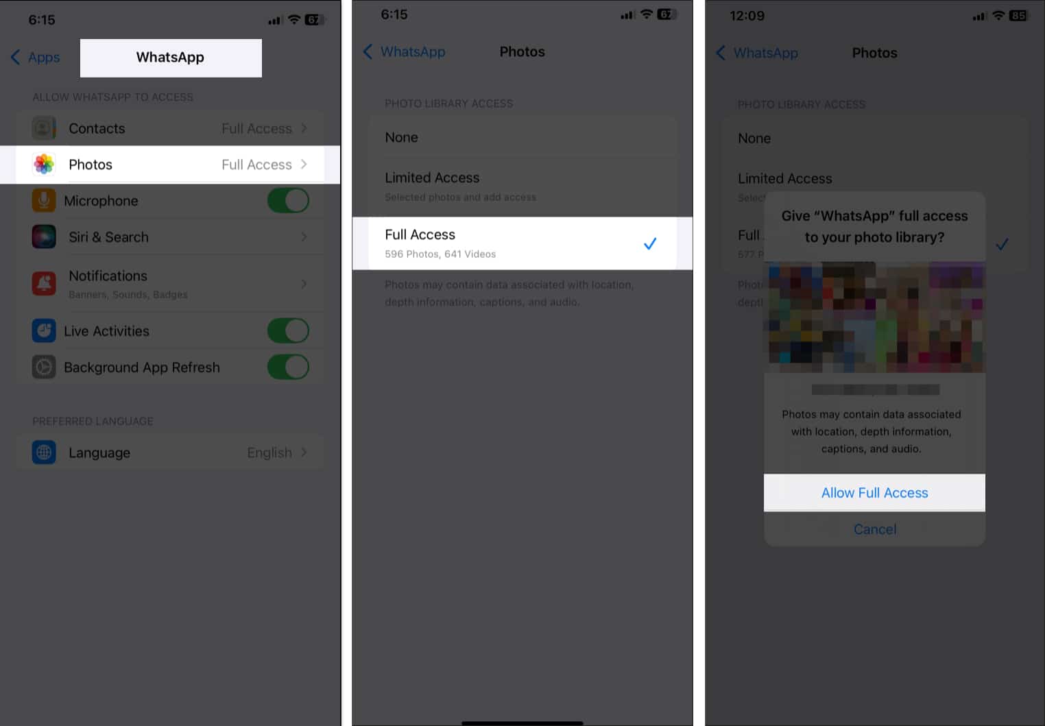 Allowing whatsapp access to the photos app on an iphone