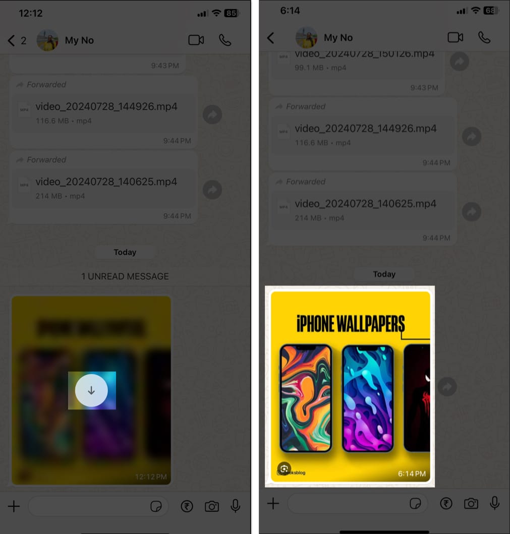 Download icon on a media in a whatsapp chat to download it